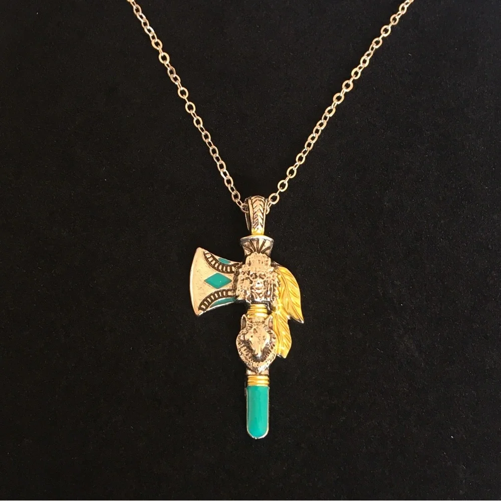 Silver and Turquoise Indian Native Tomahawk Axe Necklace